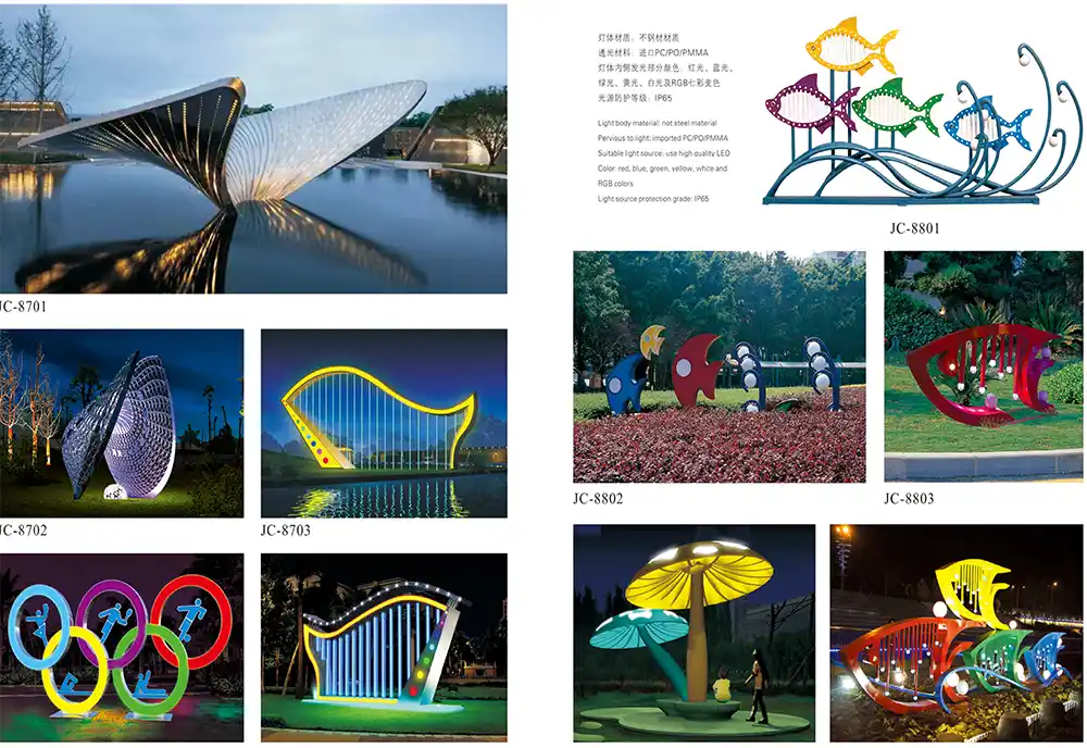 Colorful abstract fish LED sculpture light for riverside walkway and waterfront park