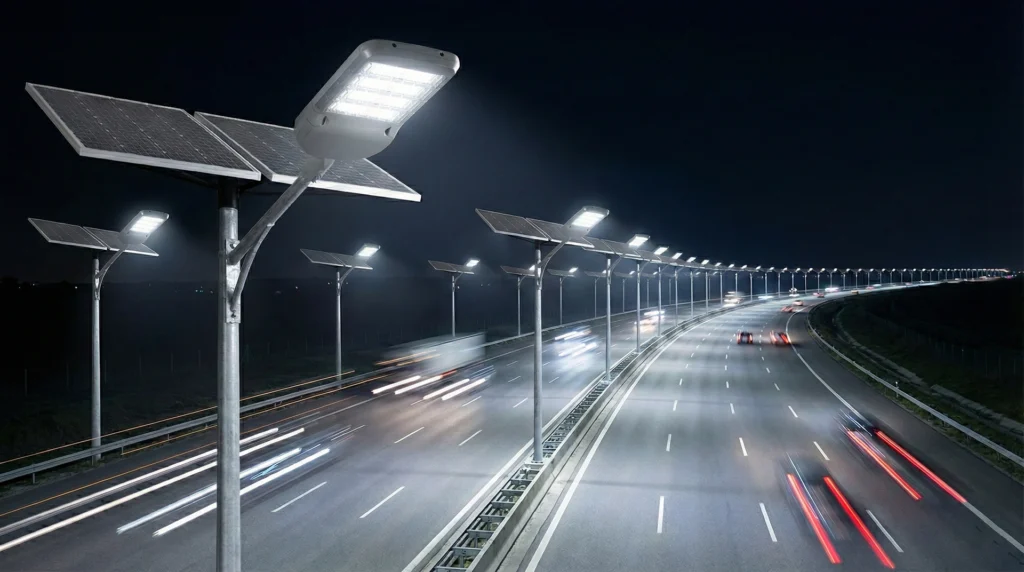 500W High power split solar street light installed on city highway, night view lighting effect.