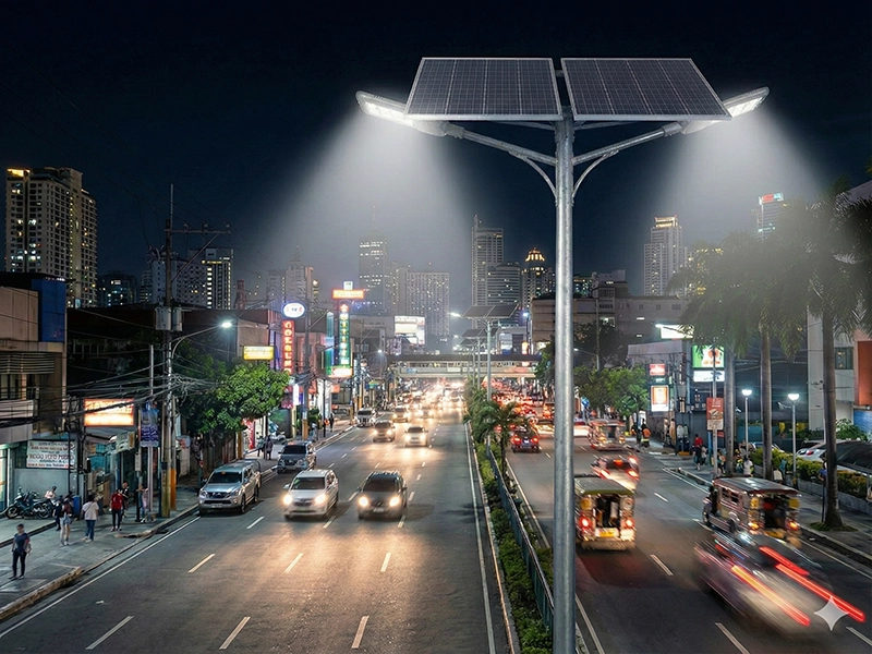 Waterproof solar street light working in heavy rain Philippines urban street