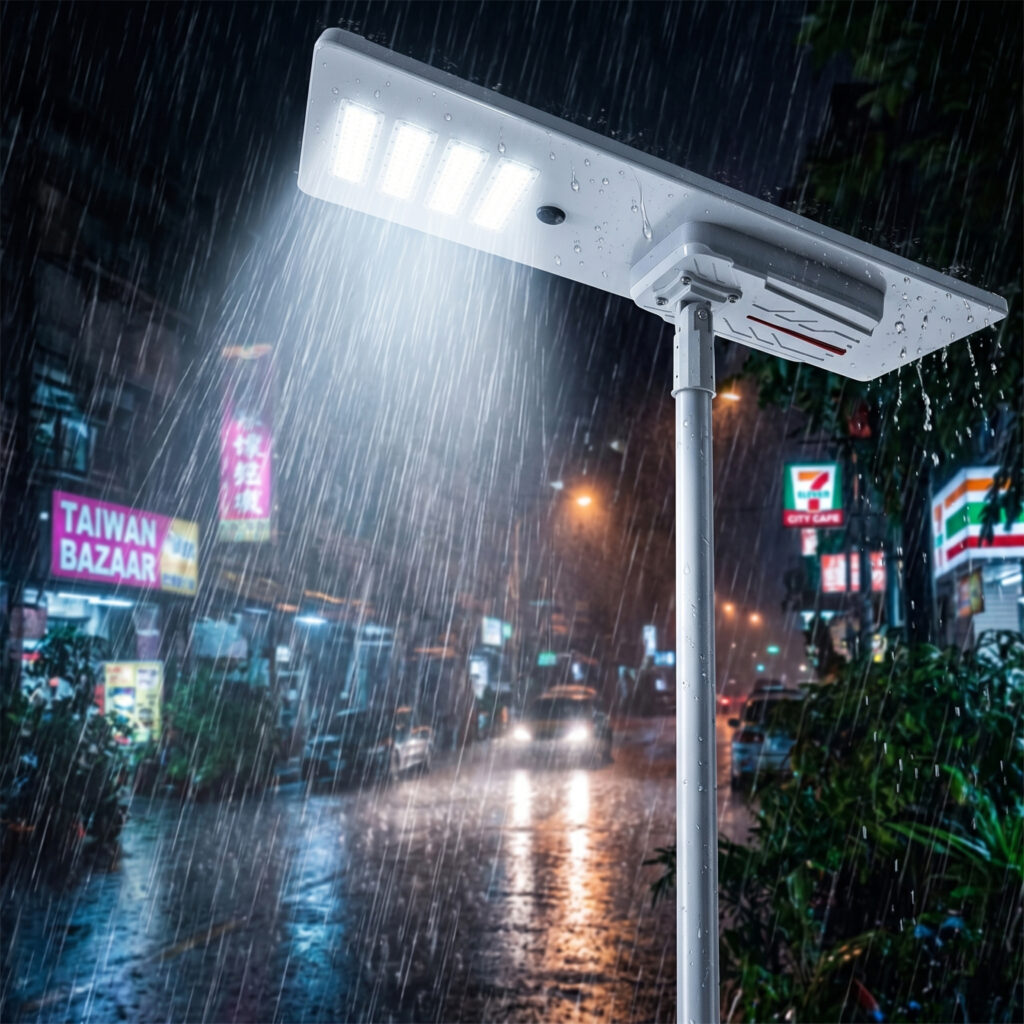 Aluminum Profile integrated solar street light rainy day performance and IP65 waterproof rating.