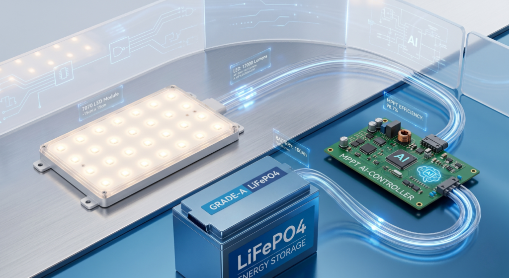 7070 LED chip, LiFePO4 battery, and MPPT controller synergy for solar lights.