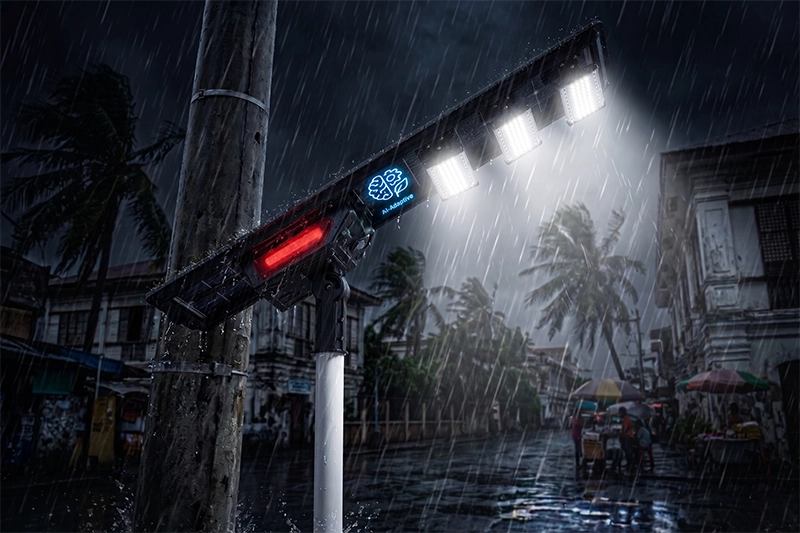 AI-adaptive dimming technology (ALS 3.0) for solar street light rainy day performance.
