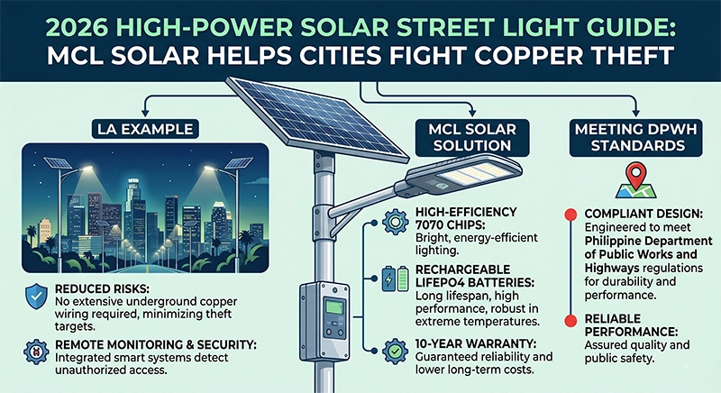 Anti-theft high power solar street light in Los Angeles urban project.