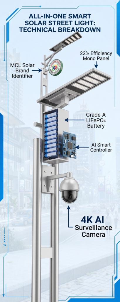 Components of an integrated solar street light with camera system