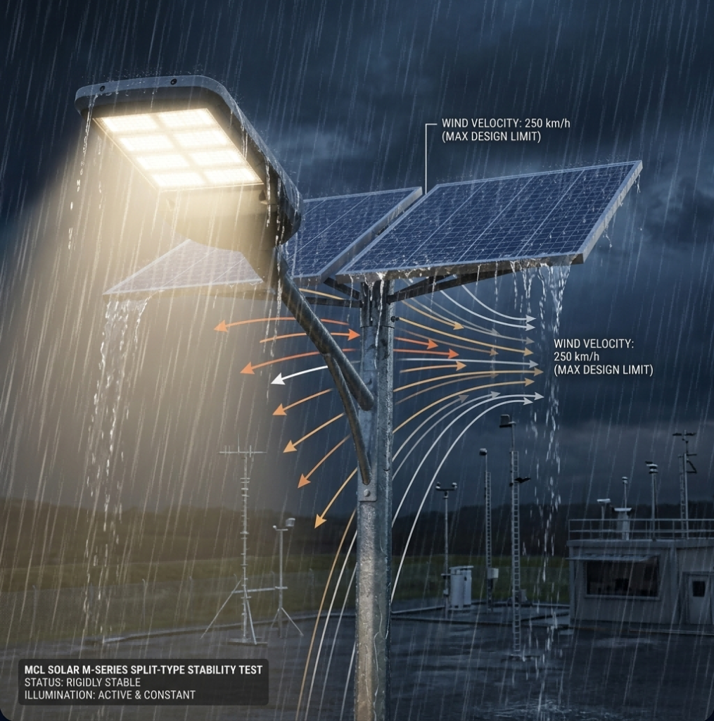 Typhoon-resilient M-Series solar street light during heavy rain