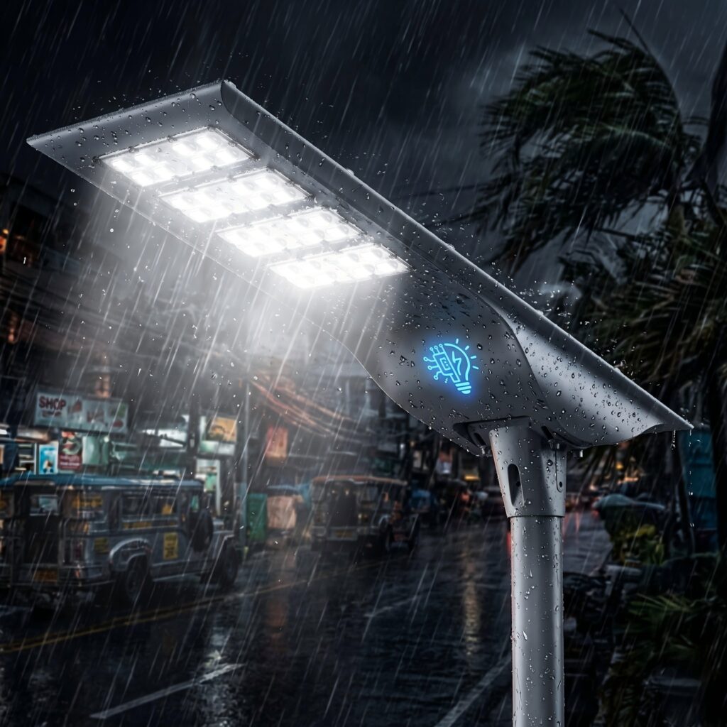 Integrated solar street light rainy day performance with AI-adaptive dimming.