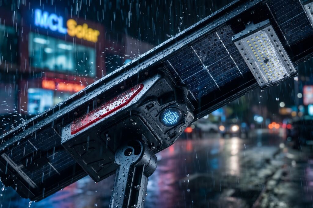 Integrated solar street light with AI-adaptive dimming technology for 100% rainy day uptime.
