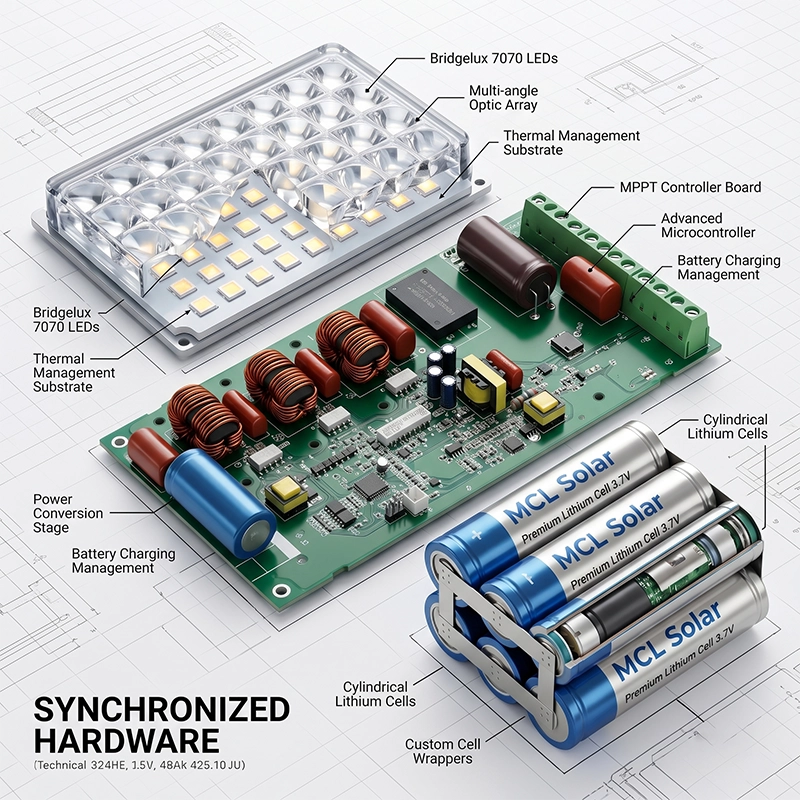 Internal hardware synergy of Bridgelux 7070 LED chip, Grade-A LiFePO4 battery cell, and MPPT smart controller