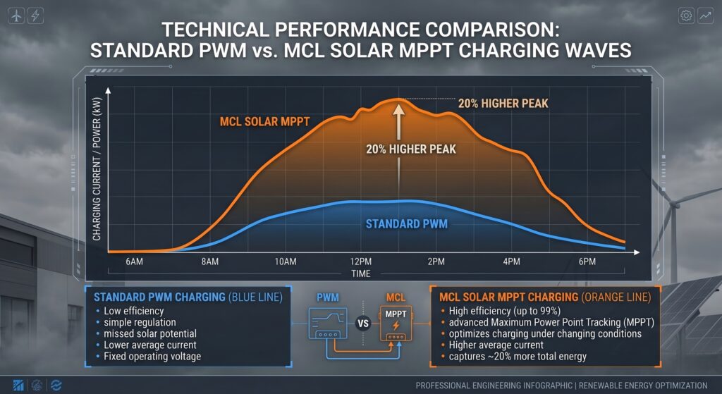 MPPT vs PWM charging efficiency for solar street lights on cloudy days