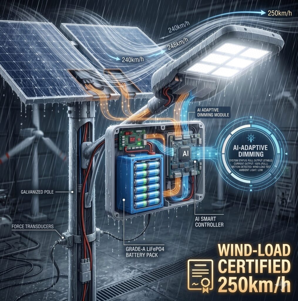 Typhoon-resilient solar street light wind-load certification.