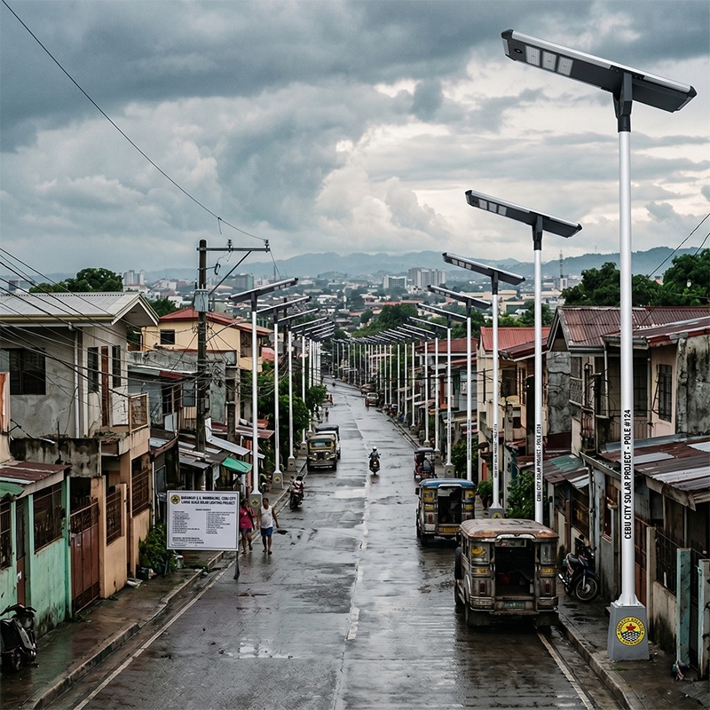Cebu City Barangay Mambaling street with MCL Solar street light poles and local traffic
