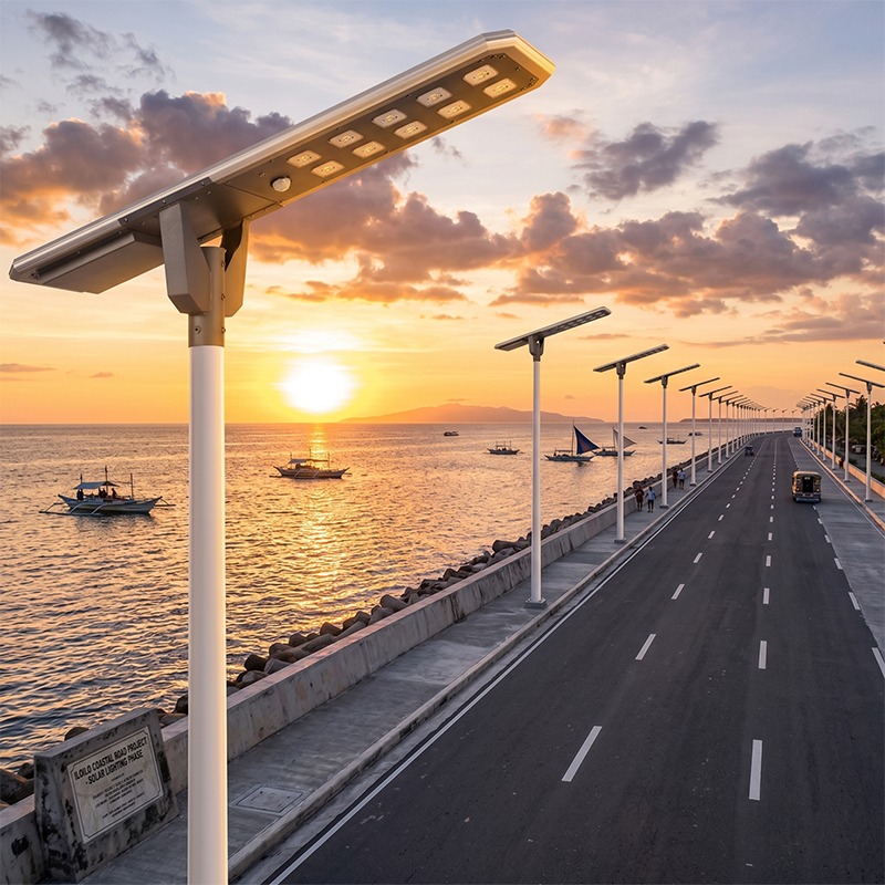 MCL Solar integrated solar street light along Iloilo coastal highway at sunset