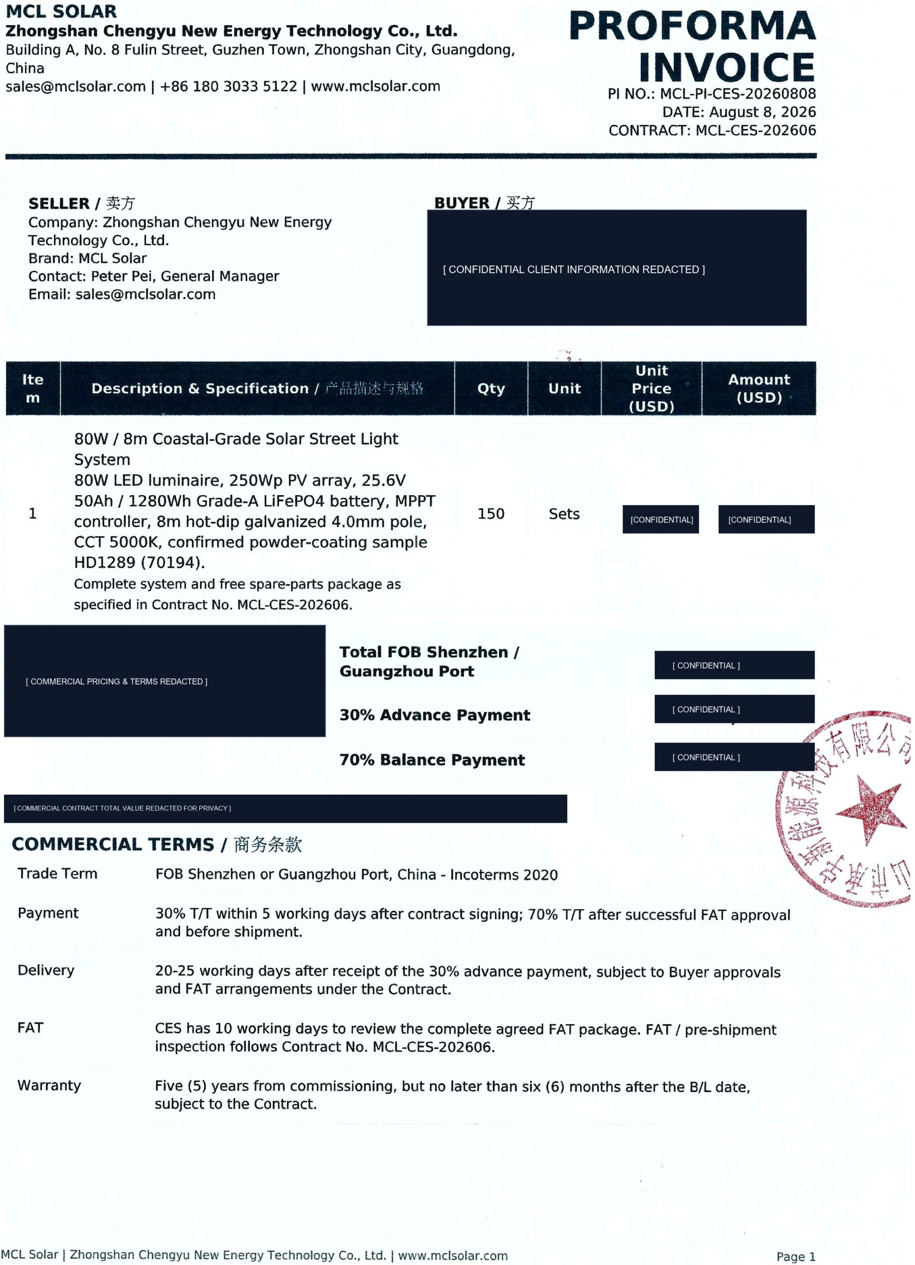 MCL Solar Senegal Sendou Power Station 150 Sets Official Proforma Invoice and Engineering Specification Contract