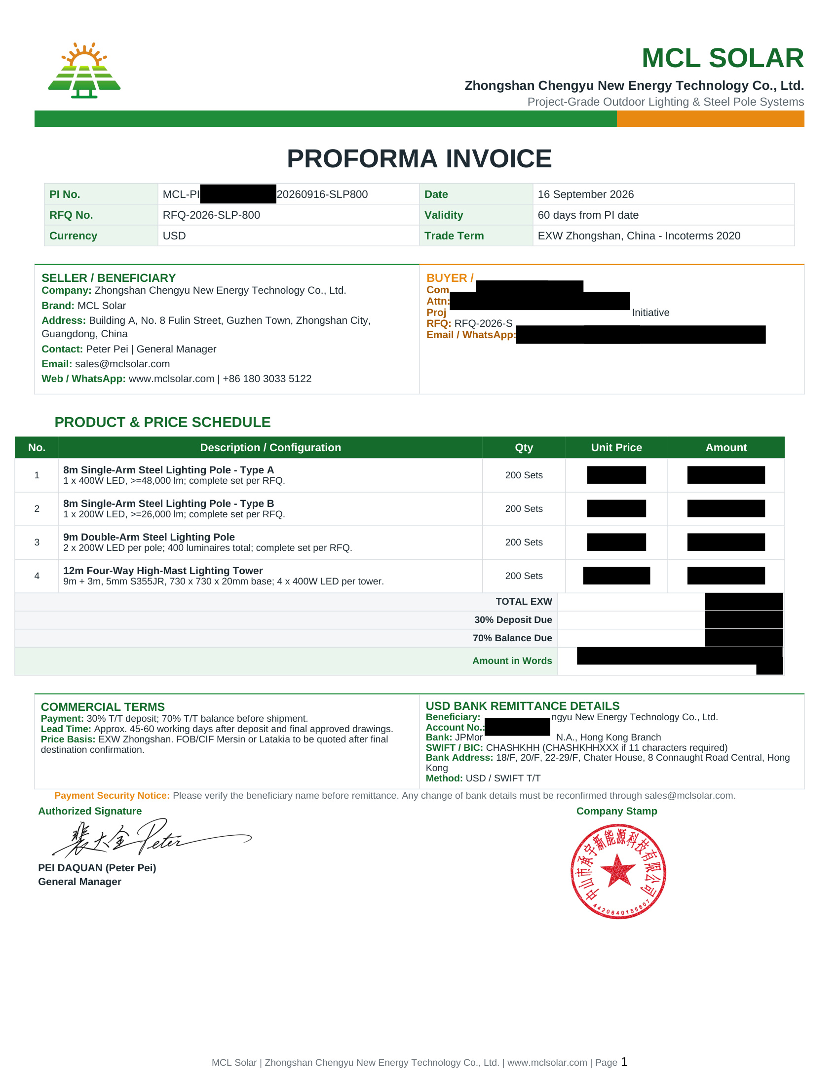 Turkey Municipal Roadways Modernization Tender 800 Sets Steel Lighting Poles Official Proforma Invoice Redacted