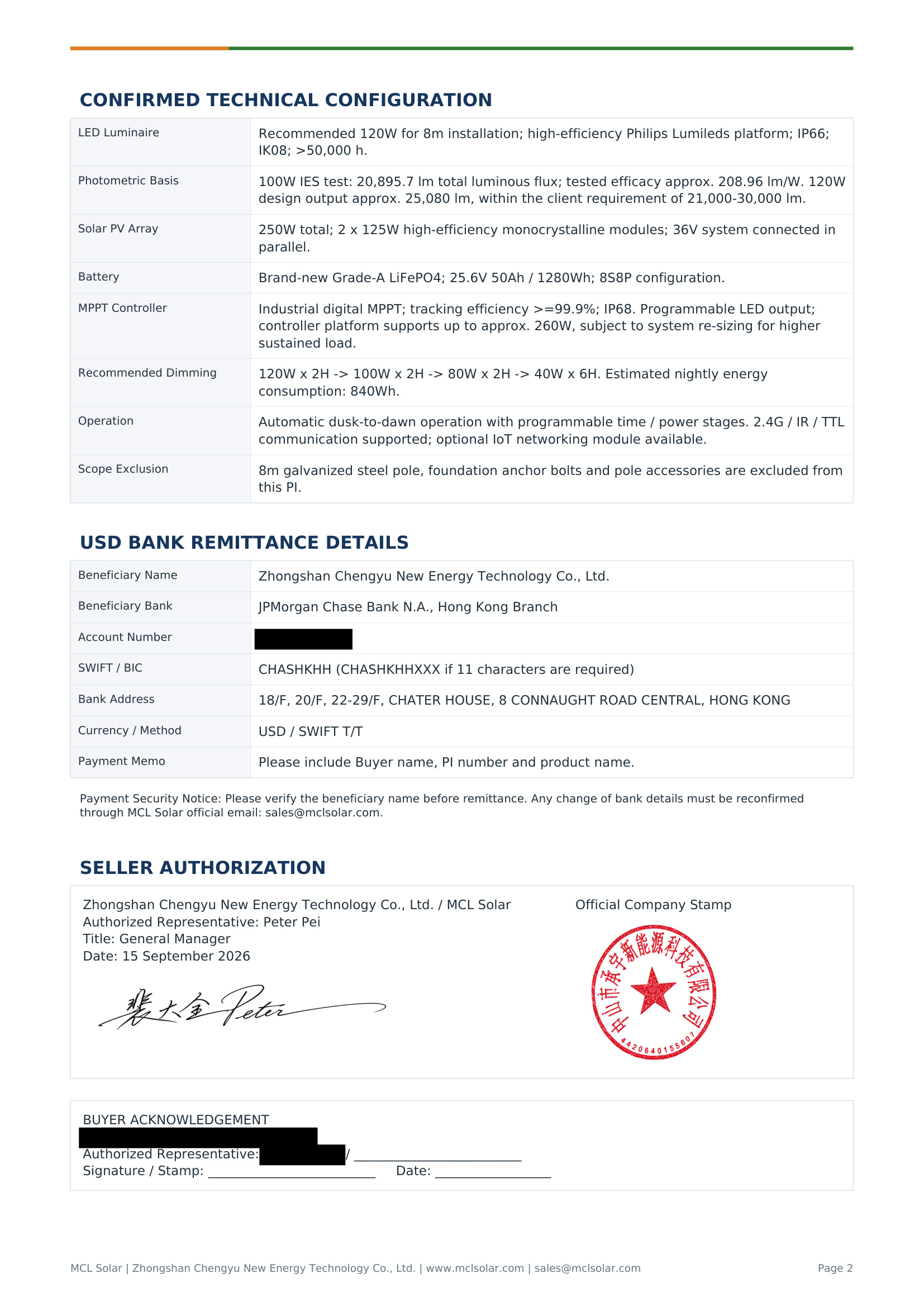 MCL Solar Nigeria 890 Sets Technical Specifications and Bank Remittance Details Redacted