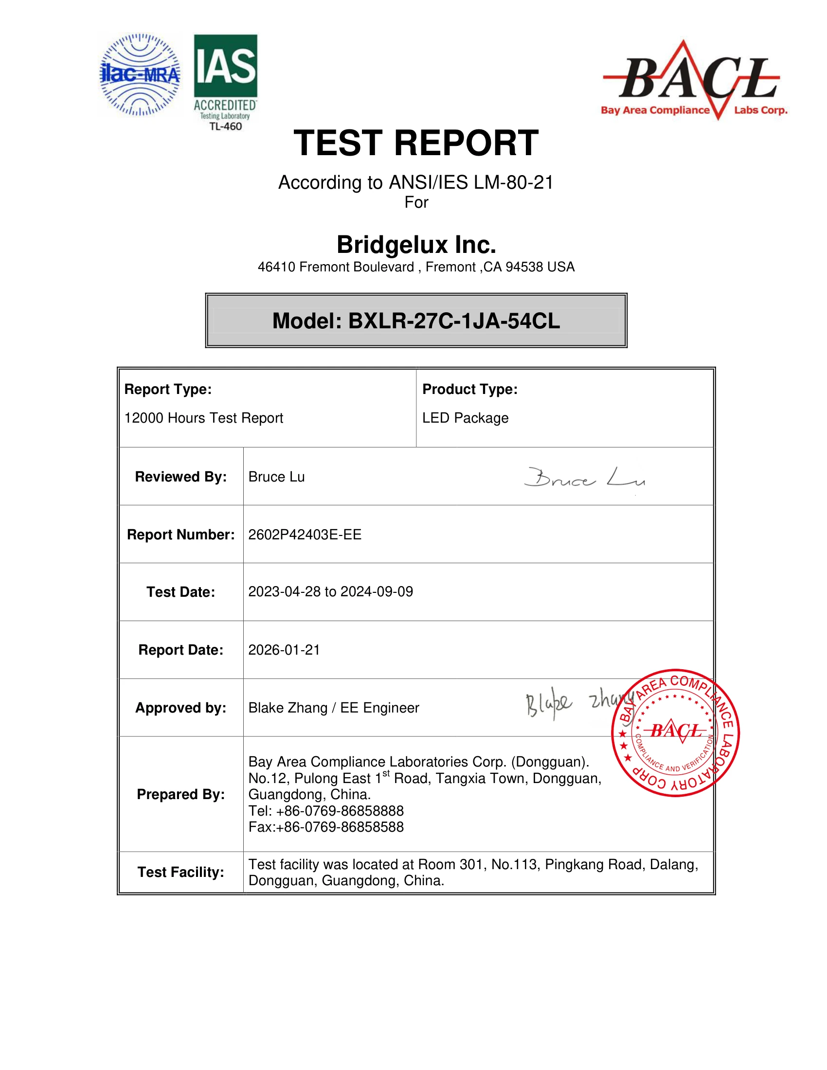 Bridgelux 7070 LED chip LM-80 lumen maintenance test report by NVLAP and IAS accredited lab