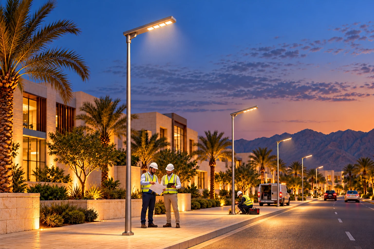 تصور تطبيقي لمهندسين يناقشان مخطط مشروع قرب أعمدة الإنارة الشمسية
