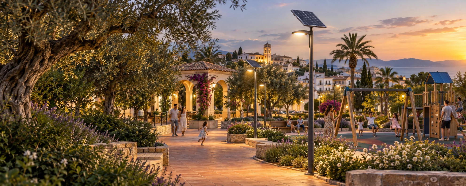Escena conceptual de un parque mediterráneo con familias, juegos infantiles y luminarias solares al atardecer.