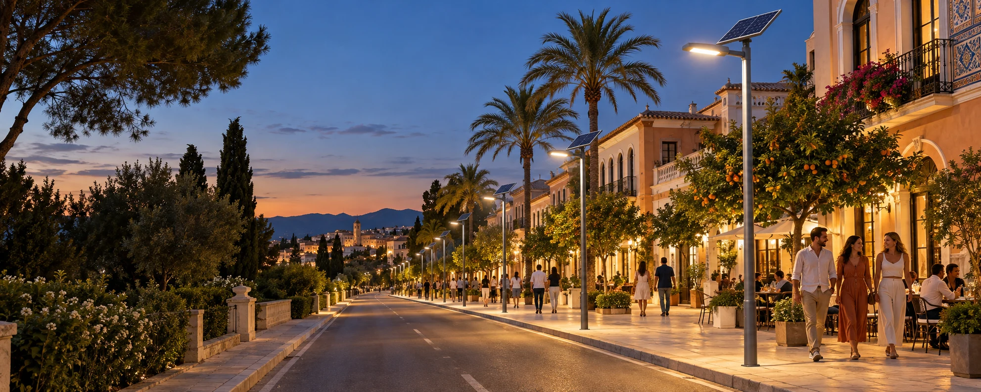 Escena conceptual de una avenida mediterránea con luminarias solares, fachadas cálidas y personas paseando.
