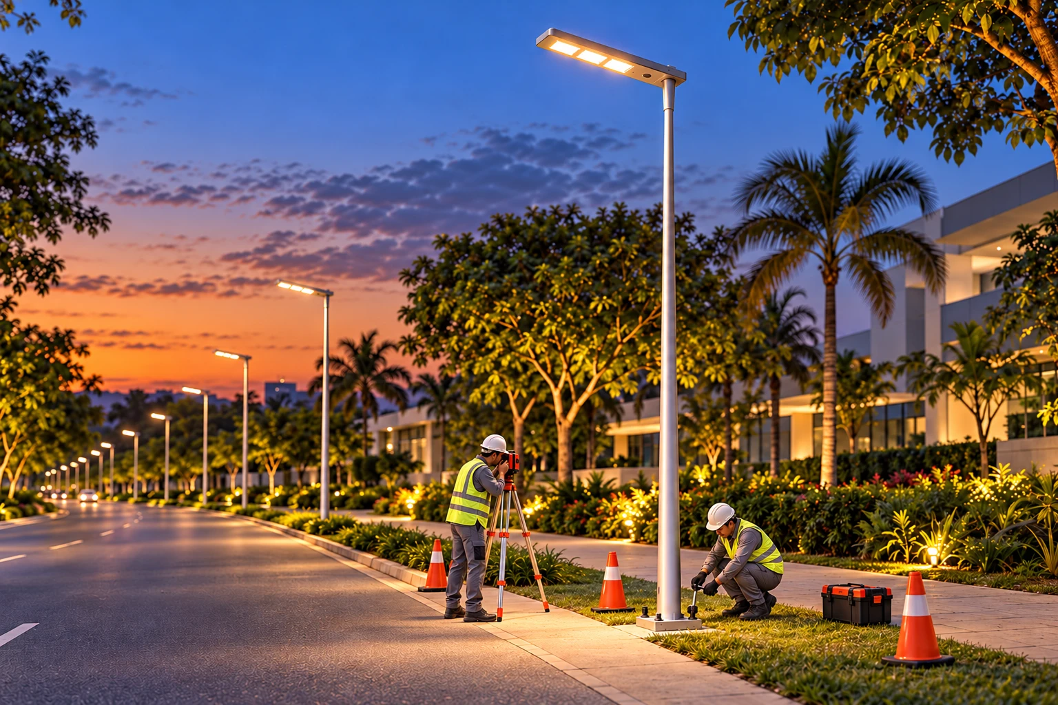Cena ilustrativa de técnicos medindo o alinhamento e fixando a base de um poste de iluminação solar no Brasil
