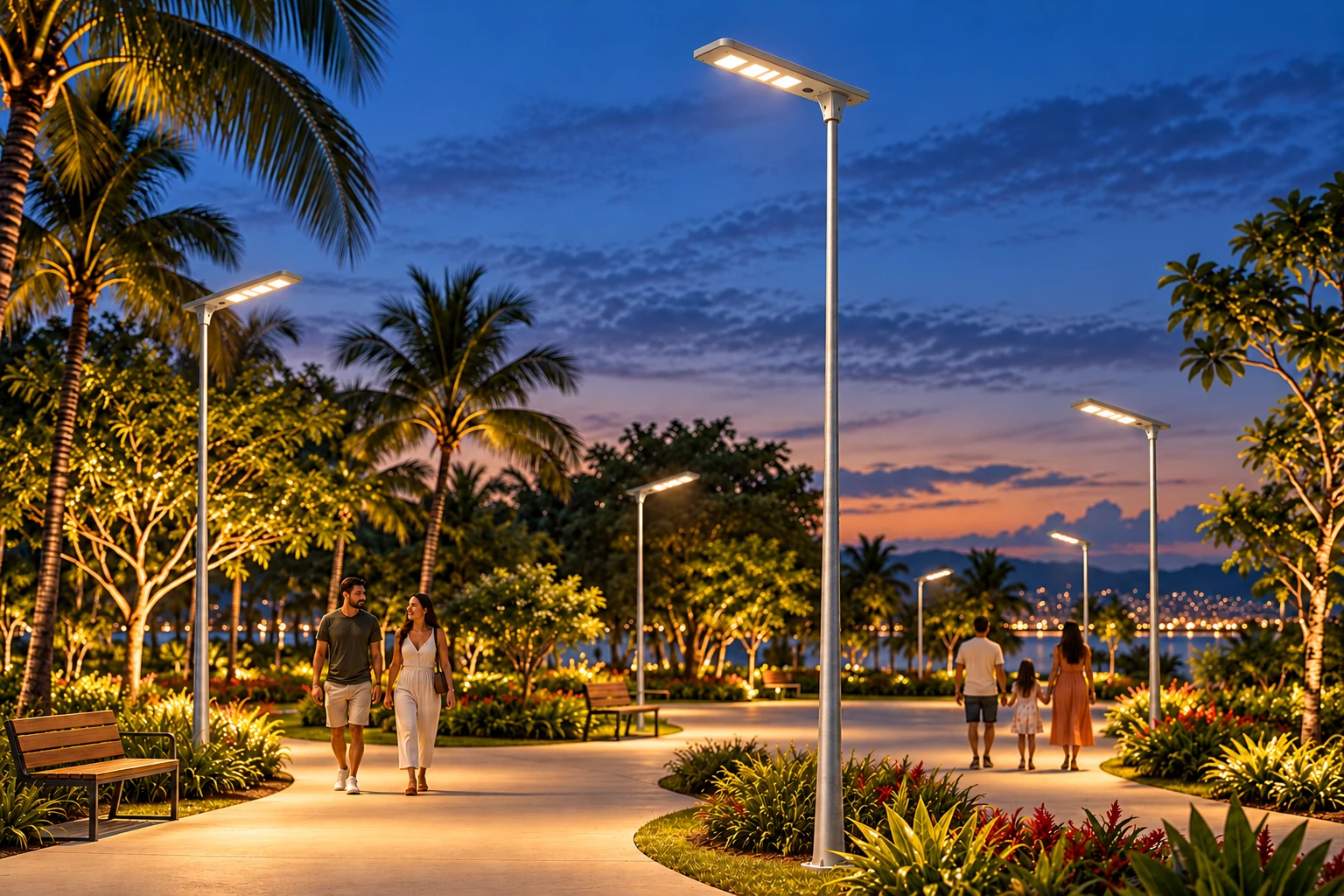 Cena ilustrativa de parque com luminárias solares, paisagismo e pessoas