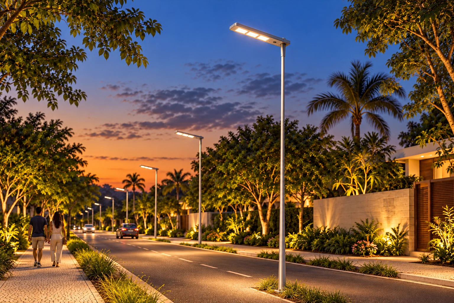 Cena ilustrativa de iluminação solar em uma avenida de inspiração brasileira